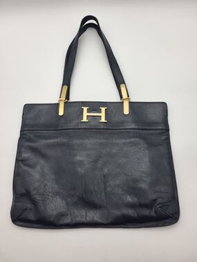 Navy Blue Leather Shoulder Bag with Gold 'H' Accent